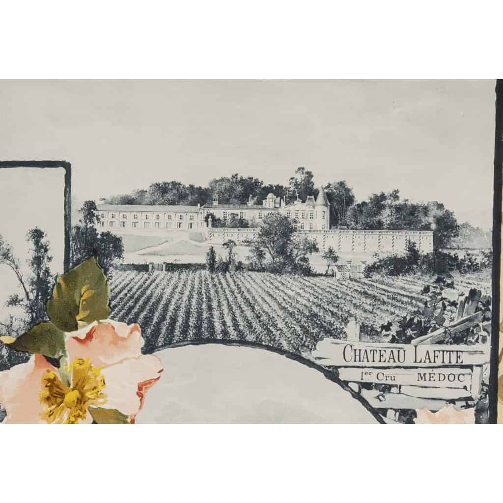 Affiche Art Nouveau Originale, Géojan, Les Grands Crus du Bordelais, Alcool, Boisson, Bouteille, Vin, Vignoble, Vigne, Vigneron, Viticulteur, Raisin, Cépage, Bordeaux, Château Margaux, Château Lafite, Château Yquem, Château Haut Brion, Fleurs, 1899 8