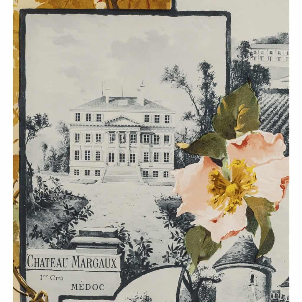Affiche Art Nouveau Originale, Géojan, Les Grands Crus du Bordelais, Alcool, Boisson, Bouteille, Vin, Vignoble, Vigne, Vigneron, Viticulteur, Raisin, Cépage, Bordeaux, Château Margaux, Château Lafite, Château Yquem, Château Haut Brion, Fleurs, 1899 9