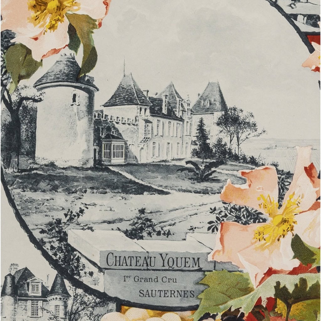 Affiche Art Nouveau Originale, Géojan, Les Grands Crus du Bordelais, Alcool, Boisson, Bouteille, Vin, Vignoble, Vigne, Vigneron, Viticulteur, Raisin, Cépage, Bordeaux, Château Margaux, Château Lafite, Château Yquem, Château Haut Brion, Fleurs, 1899 10