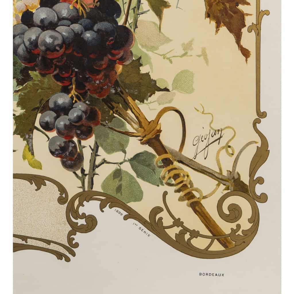 Affiche Art Nouveau Originale, Géojan, Les Grands Crus du Bordelais, Alcool, Boisson, Bouteille, Vin, Vignoble, Vigne, Vigneron, Viticulteur, Raisin, Cépage, Bordeaux, Château Margaux, Château Lafite, Château Yquem, Château Haut Brion, Fleurs, 1899 11