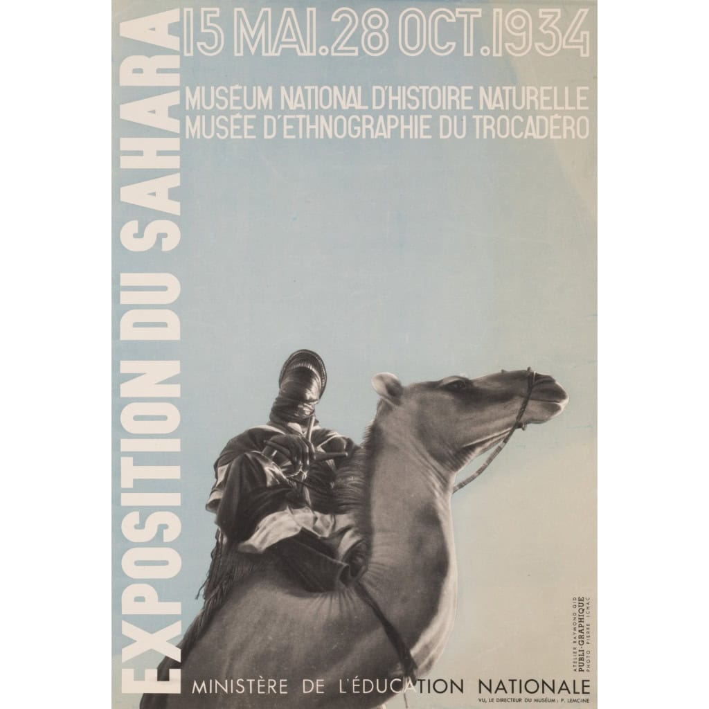 Affiche Originale, Raymond Gid, Exposition du Sahara, Musée d’Histoire Naturelle, Musée d’Ethnographie, Trocadéro, Paris, Bédouin, Touareg, Chameau, 1934 3