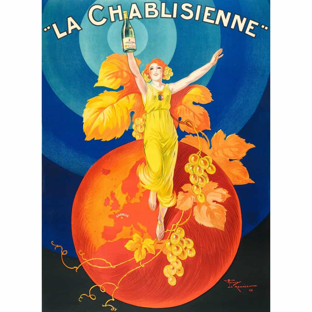Affiche Art Déco Originale, Henry Le Monnier, La Chablisienne, Chablis, Alcool, Liqueur, Distillerie, Vin, Vignoble, Vigne, Vigneron, Viticulteur, Cépage, Raisins, Boisson, Bouteille, Femme, Robe, Globe, 1926 4