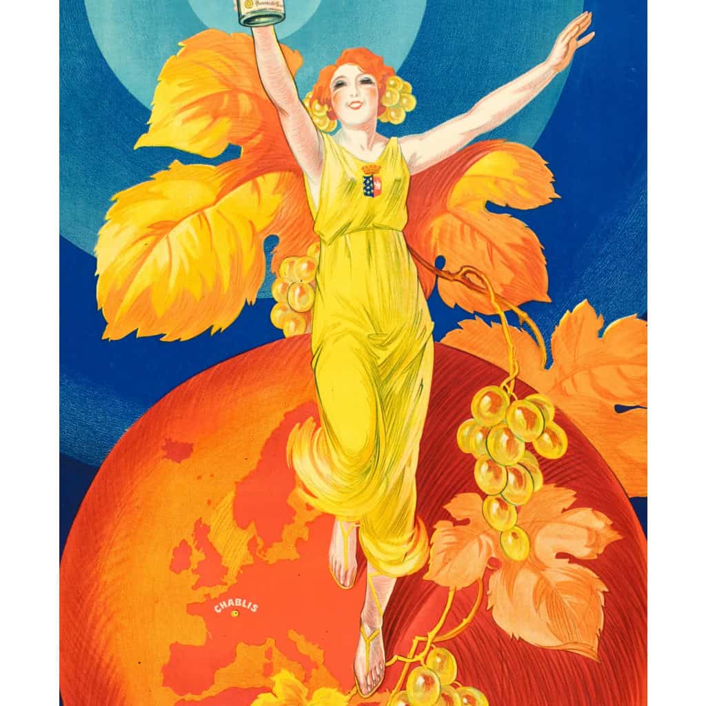 Affiche Art Déco Originale, Henry Le Monnier, La Chablisienne, Chablis, Alcool, Liqueur, Distillerie, Vin, Vignoble, Vigne, Vigneron, Viticulteur, Cépage, Raisins, Boisson, Bouteille, Femme, Robe, Globe, 1926 5