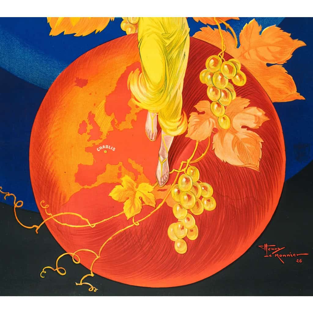 Affiche Art Déco Originale, Henry Le Monnier, La Chablisienne, Chablis, Alcool, Liqueur, Distillerie, Vin, Vignoble, Vigne, Vigneron, Viticulteur, Cépage, Raisins, Boisson, Bouteille, Femme, Robe, Globe, 1926 7