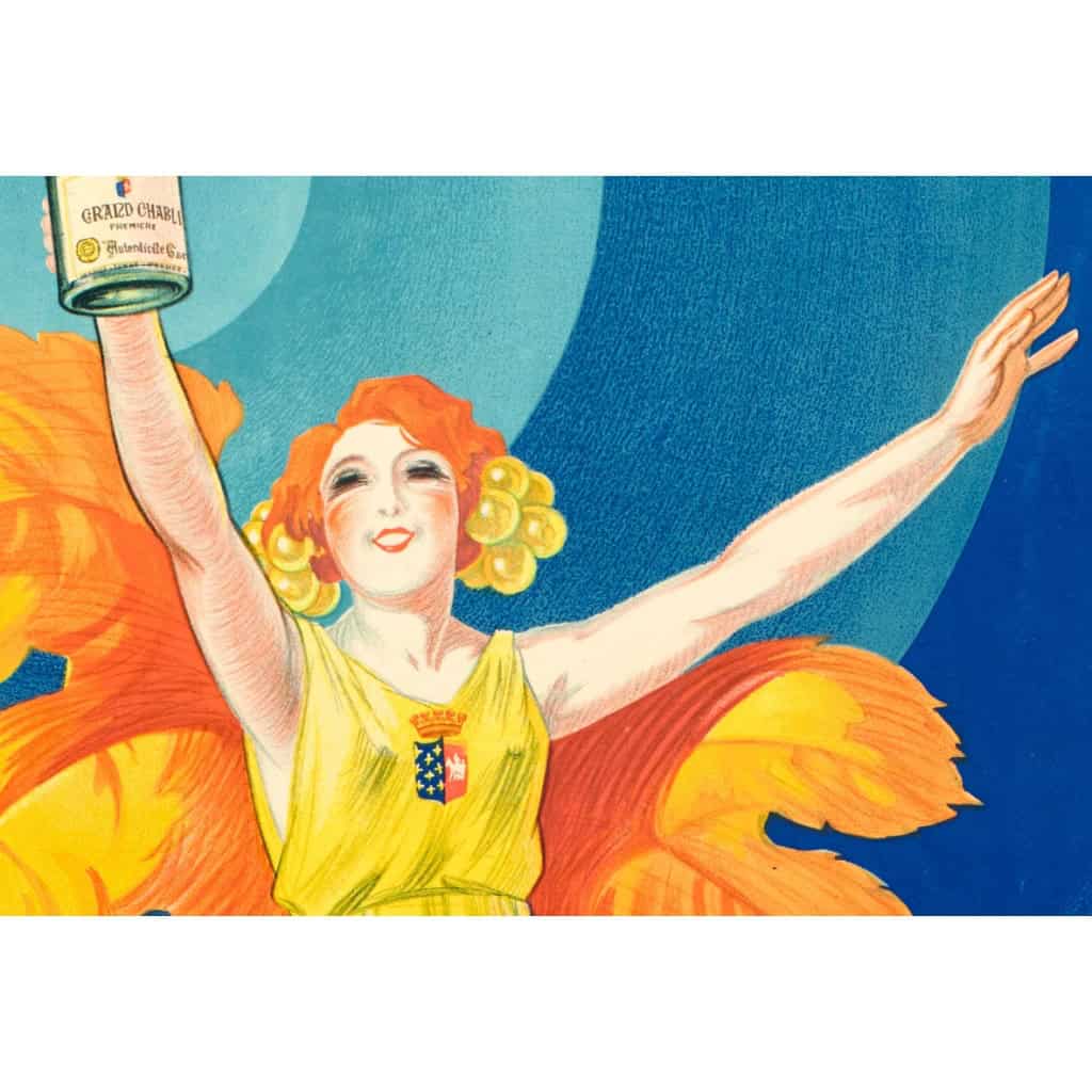 Affiche Art Déco Originale, Henry Le Monnier, La Chablisienne, Chablis, Alcool, Liqueur, Distillerie, Vin, Vignoble, Vigne, Vigneron, Viticulteur, Cépage, Raisins, Boisson, Bouteille, Femme, Robe, Globe, 1926 6