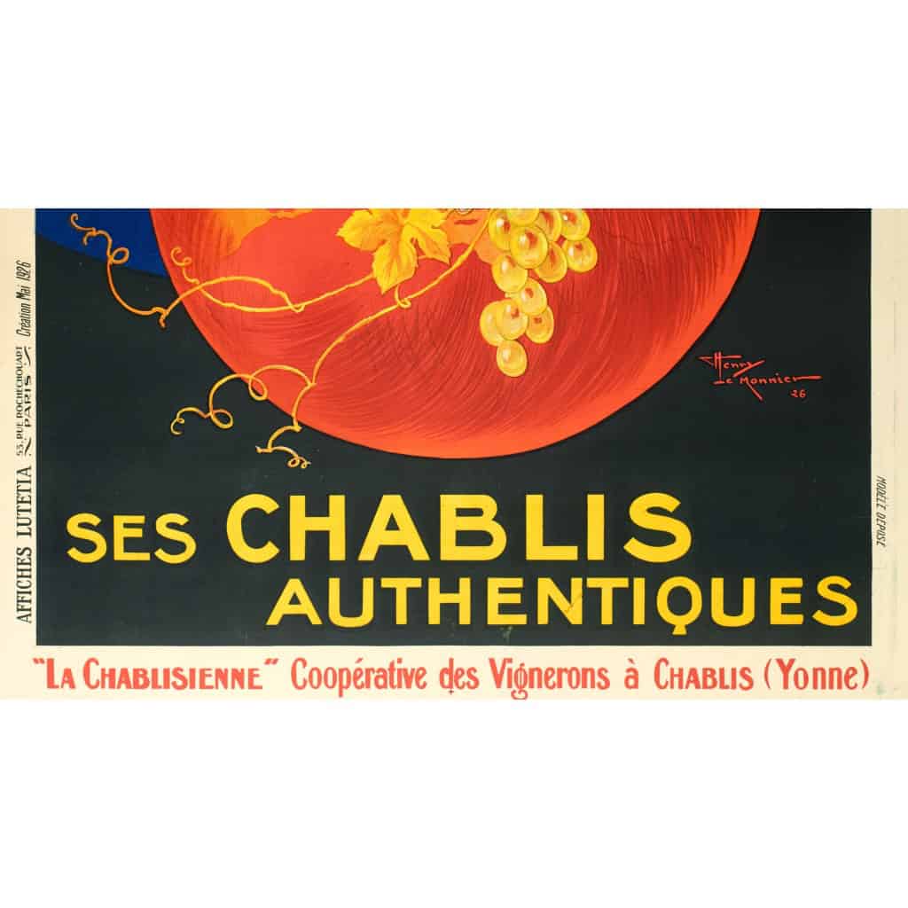 Affiche Art Déco Originale, Henry Le Monnier, La Chablisienne, Chablis, Alcool, Liqueur, Distillerie, Vin, Vignoble, Vigne, Vigneron, Viticulteur, Cépage, Raisins, Boisson, Bouteille, Femme, Robe, Globe, 1926 8