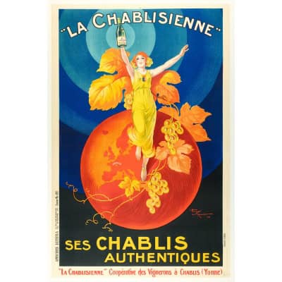 Affiche Art Déco Originale, Henry Le Monnier, La Chablisienne, Chablis, Alcool, Liqueur, Distillerie, Vin, Vignoble, Vigne, Vigneron, Viticulteur, Cépage, Raisins, Boisson, Bouteille, Femme, Robe, Globe, 1926
