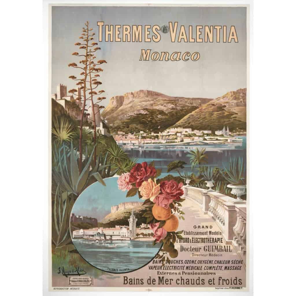 Affiche Tourisme Originale, Hugo d’Alési, Thermes Valentia, Monaco, Chemins de Fer, Transport, Voyage, Trains, La Condamine, Eau Thermale, Eau de Source, Bain Thermal, Bain de Mer, Côte d’Azur, c.1896 3