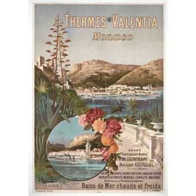 Affiche Tourisme Originale, Hugo d’Alési, Thermes Valentia, Monaco, Chemins de Fer, Transport, Voyage, Trains, La Condamine, Eau Thermale, Eau de Source, Bain Thermal, Bain de Mer, Côte d’Azur, c.1896