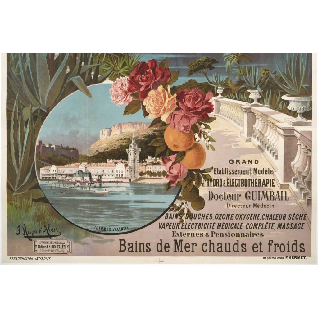 Affiche Tourisme Originale, Hugo d’Alési, Thermes Valentia, Monaco, Chemins de Fer, Transport, Voyage, Trains, La Condamine, Eau Thermale, Eau de Source, Bain Thermal, Bain de Mer, Côte d’Azur, c.1896 5