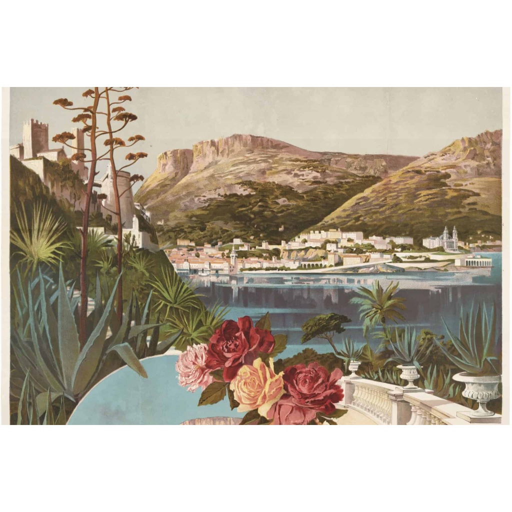 Affiche Tourisme Originale, Hugo d’Alési, Thermes Valentia, Monaco, Chemins de Fer, Transport, Voyage, Trains, La Condamine, Eau Thermale, Eau de Source, Bain Thermal, Bain de Mer, Côte d’Azur, c.1896 6