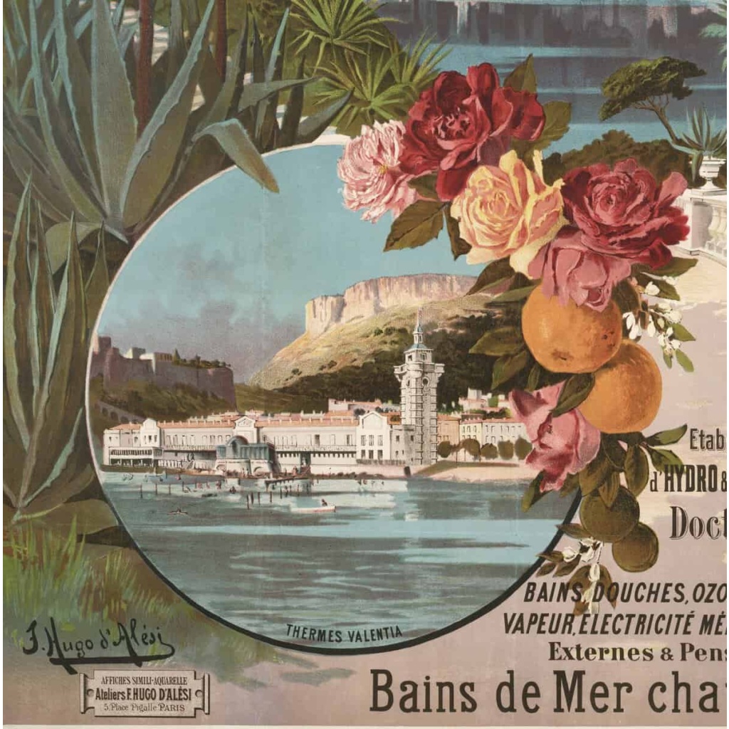 Affiche Tourisme Originale, Hugo d’Alési, Thermes Valentia, Monaco, Chemins de Fer, Transport, Voyage, Trains, La Condamine, Eau Thermale, Eau de Source, Bain Thermal, Bain de Mer, Côte d’Azur, c.1896 7