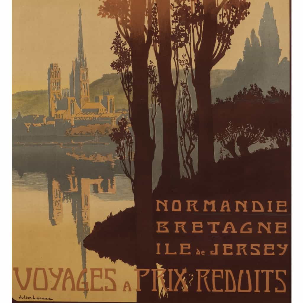 Affiche Tourisme Originale, Julien Lacaze, Chemins de Fer, Transport, Voyage, Normandie, Bretagne, Ile de Jersey, Trains, c.1910 5