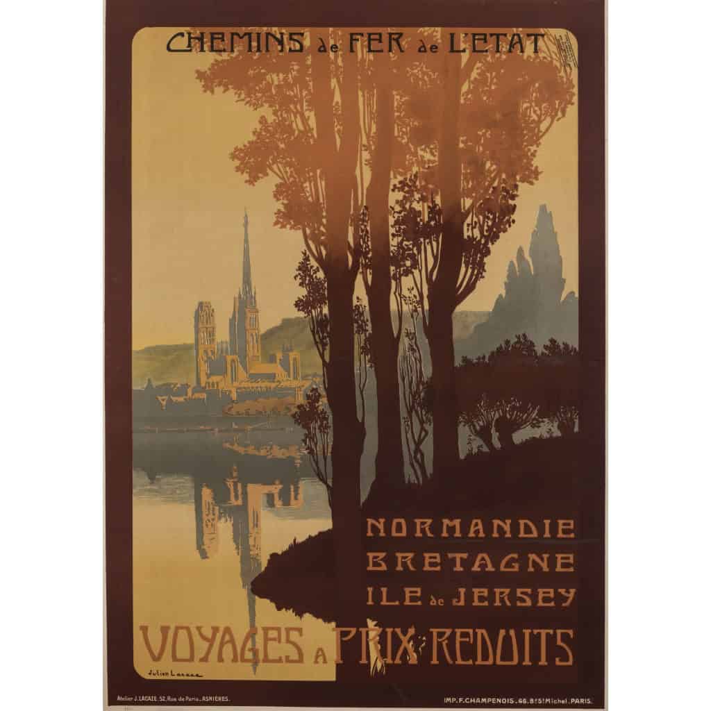 Affiche Tourisme Originale, Julien Lacaze, Chemins de Fer, Transport, Voyage, Normandie, Bretagne, Ile de Jersey, Trains, c.1910 3