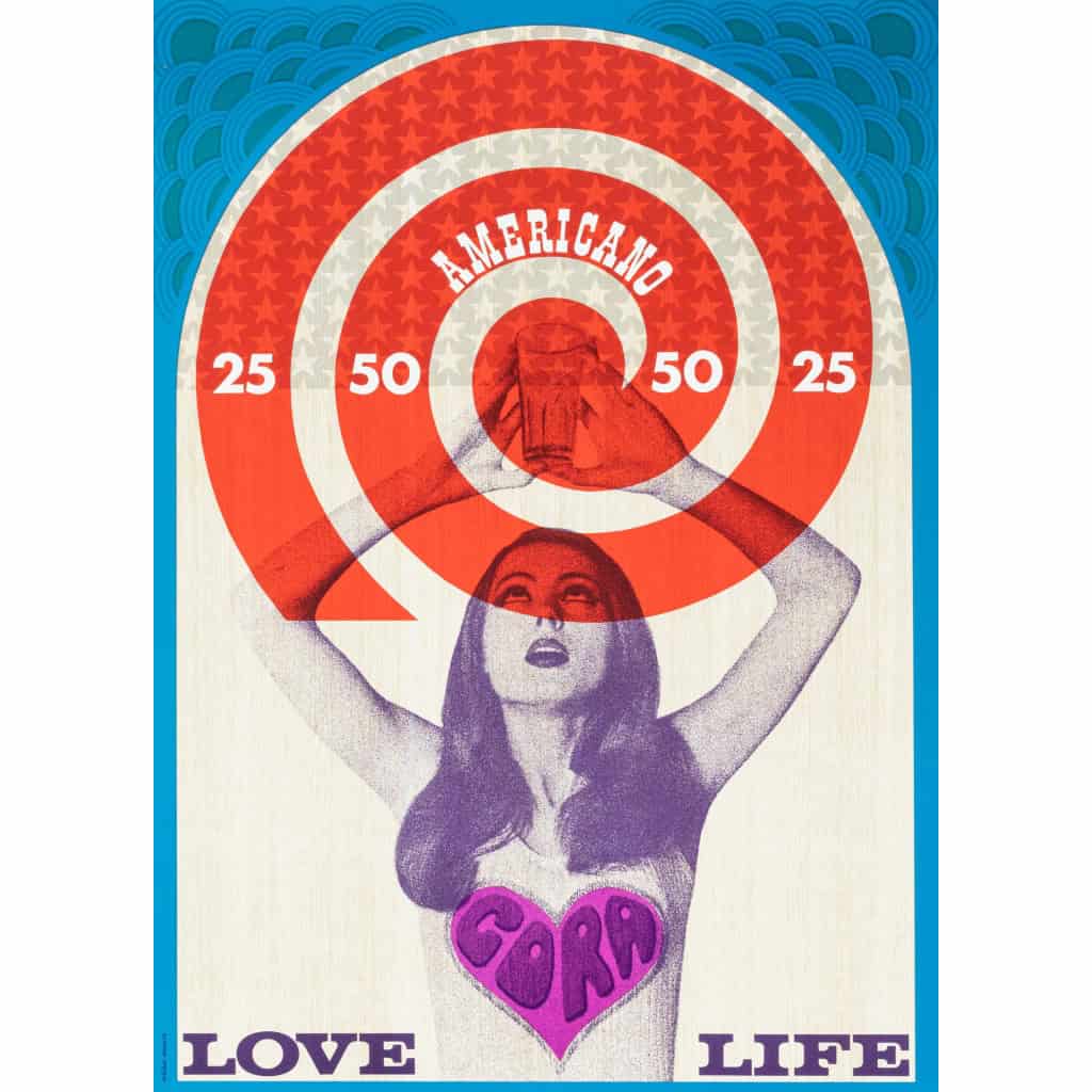 Original Poster, Michel Lecourt, Cora Americano, Love Life, Alcohol, Drink, Aperitif, Cocktail, Bottle, Glass, Psychedelic, Woman, Heart, Target, c.1960 4