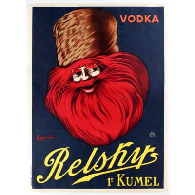 Affiche Originale, Leonetto Cappiello, Vodka Relsky, Kumel, Alcool, Boisson, Cocktail, Distillerie, Eau de Vie, Liqueur, Russe, Cosaque, Chapka, Fourrure, Barbe, 1911