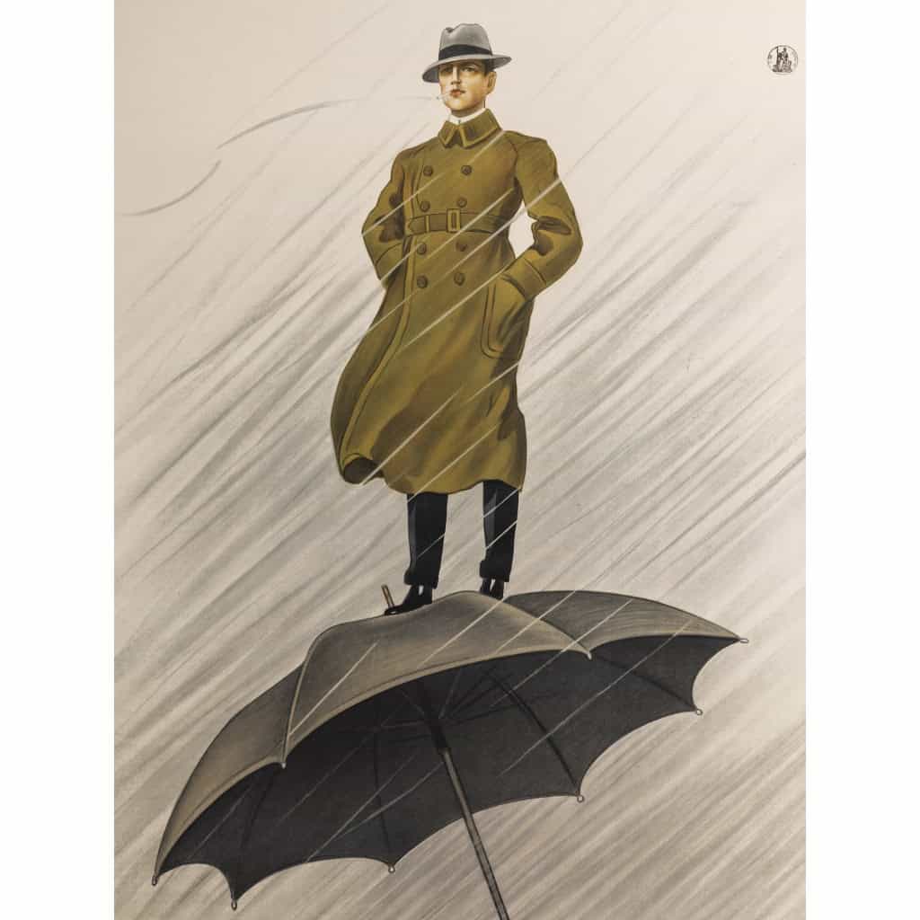 Affiche Originale, Leopoldo Metlicovitz, Impermeabili Moretti, Mode, Textile, Tissu, Veste, Couture, Homme, Gentleman, Imperméable, Parapluie, Pluie, Chapeau, c.1920 4