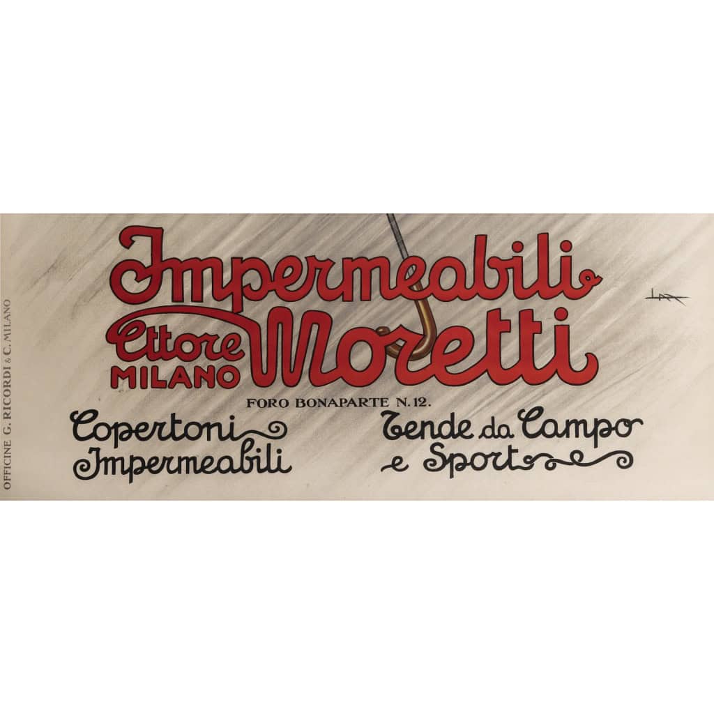 Affiche Originale, Leopoldo Metlicovitz, Impermeabili Moretti, Mode, Textile, Tissu, Veste, Couture, Homme, Gentleman, Imperméable, Parapluie, Pluie, Chapeau, c.1920 5
