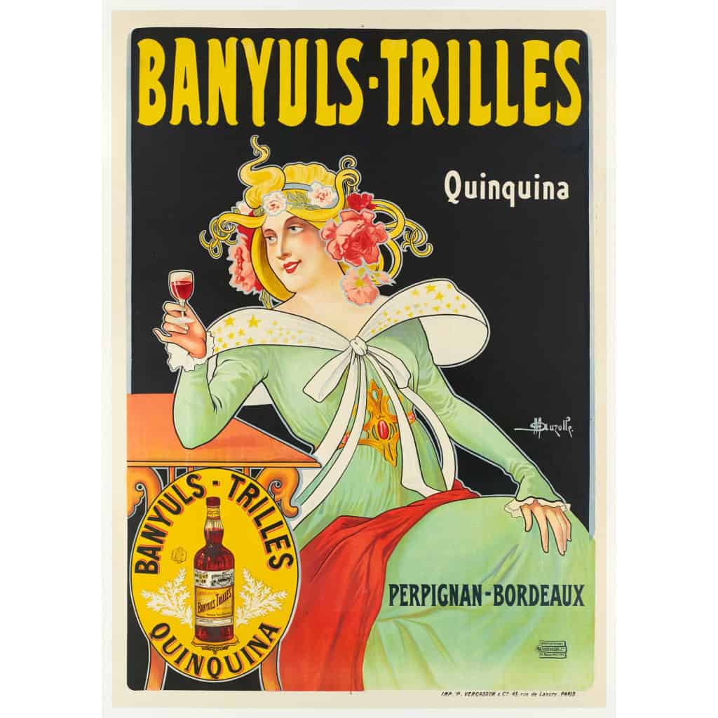 Affiche Art Nouveau Originale, Marcellin Auzolle, Banyuls Trilles, Quinquina, Apéritif, Distillerie, Alcool, Boisson, Bouteille, Verre, Spiritueux, Vin, Eau de Vie, Quinine, Perpignan, Bordeaux, c.1910 3