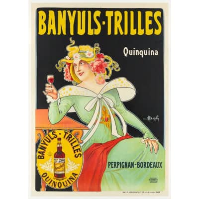 Affiche Art Nouveau Originale, Marcellin Auzolle, Banyuls Trilles, Quinquina, Apéritif, Distillerie, Alcool, Boisson, Bouteille, Verre, Spiritueux, Vin, Eau de Vie, Quinine, Perpignan, Bordeaux, c.1910