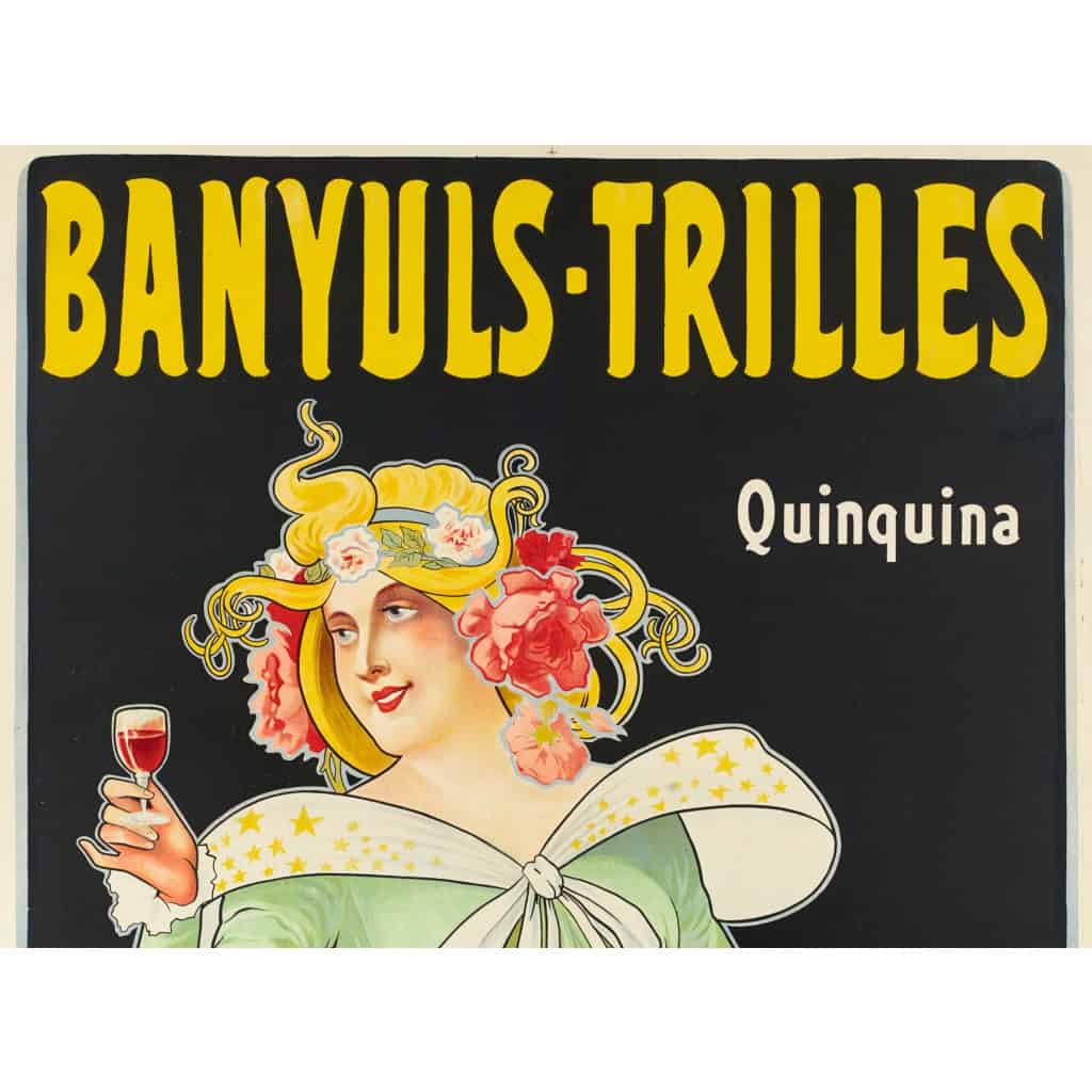 Affiche Art Nouveau Originale, Marcellin Auzolle, Banyuls Trilles, Quinquina, Apéritif, Distillerie, Alcool, Boisson, Bouteille, Verre, Spiritueux, Vin, Eau de Vie, Quinine, Perpignan, Bordeaux, c.1910 4