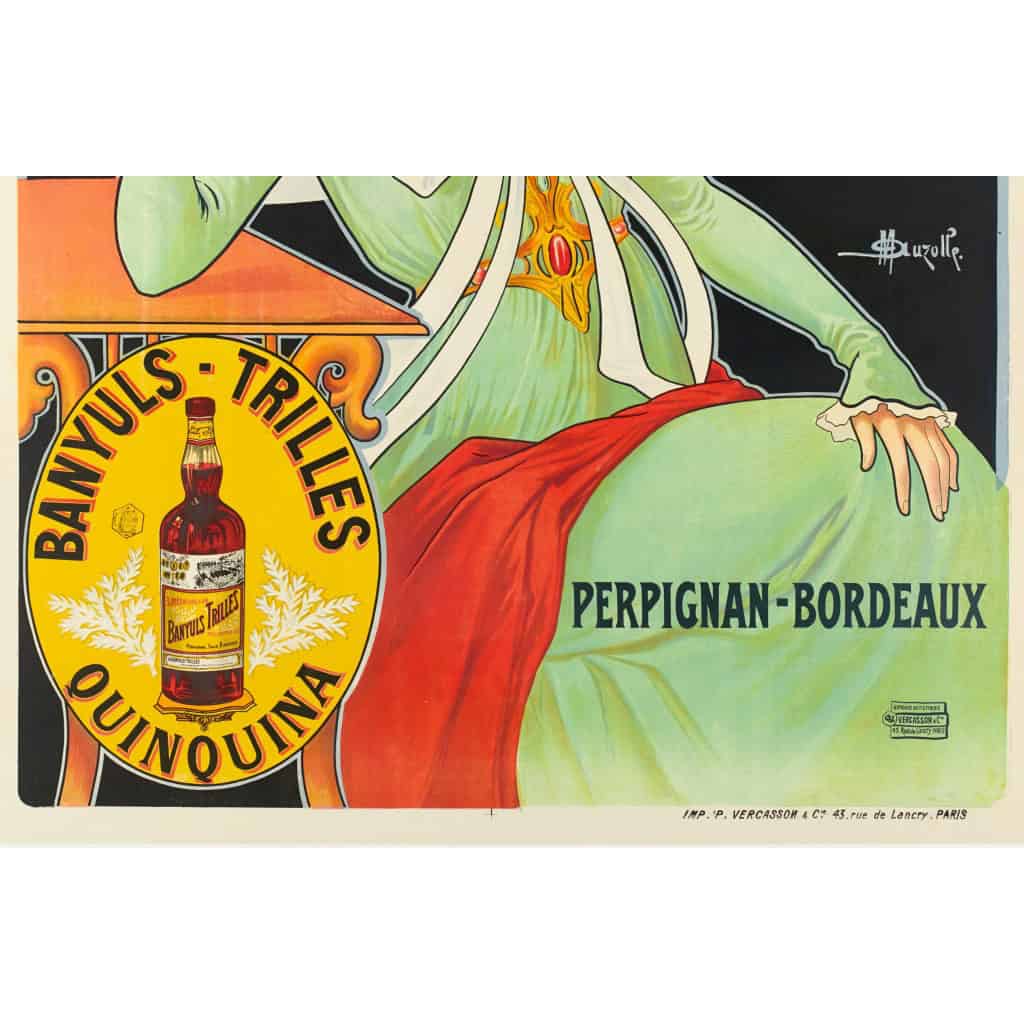 Affiche Art Nouveau Originale, Marcellin Auzolle, Banyuls Trilles, Quinquina, Apéritif, Distillerie, Alcool, Boisson, Bouteille, Verre, Spiritueux, Vin, Eau de Vie, Quinine, Perpignan, Bordeaux, c.1910 7