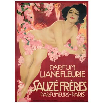 Affiche Art Nouveau Originale, Leopoldo Metlicovitz, Liane Fleurie, Sauzé Frères, Parfum, Parfumeur, Eau de Cologne, Eau de Toilette, Cosmétique, Senteur, Odeur, Arôme, Femme, Fleurs, Rose, Nu c.1910