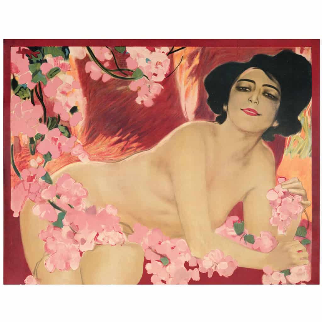 Affiche Art Nouveau Originale, Leopoldo Metlicovitz, Liane Fleurie, Sauzé Frères, Parfum, Parfumeur, Eau de Cologne, Eau de Toilette, Cosmétique, Senteur, Odeur, Arôme, Femme, Fleurs, Rose, Nu c.1910 4