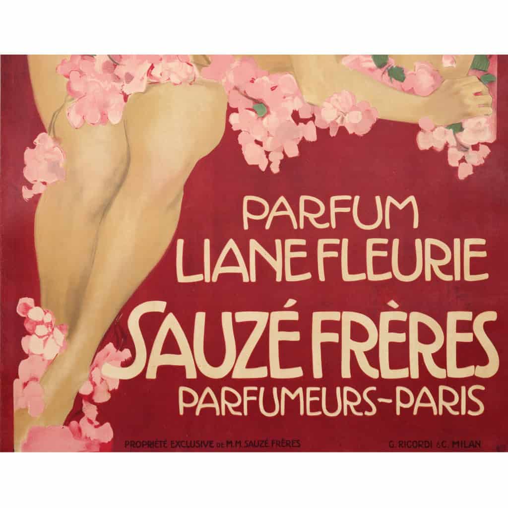 Affiche Art Nouveau Originale, Leopoldo Metlicovitz, Liane Fleurie, Sauzé Frères, Parfum, Parfumeur, Eau de Cologne, Eau de Toilette, Cosmétique, Senteur, Odeur, Arôme, Femme, Fleurs, Rose, Nu c.1910 5
