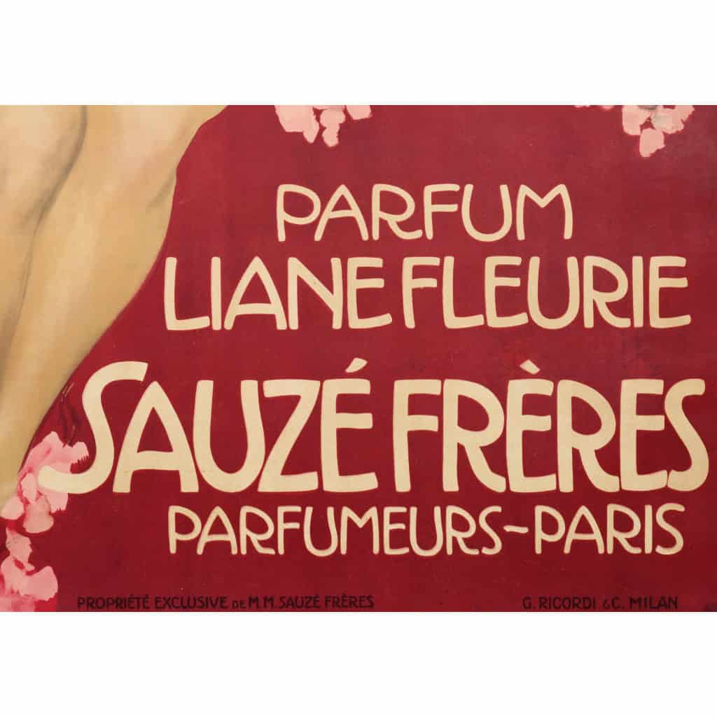 Affiche Art Nouveau Originale, Leopoldo Metlicovitz, Liane Fleurie, Sauzé Frères, Parfum, Parfumeur, Eau de Cologne, Eau de Toilette, Cosmétique, Senteur, Odeur, Arôme, Femme, Fleurs, Rose, Nu c.1910 8