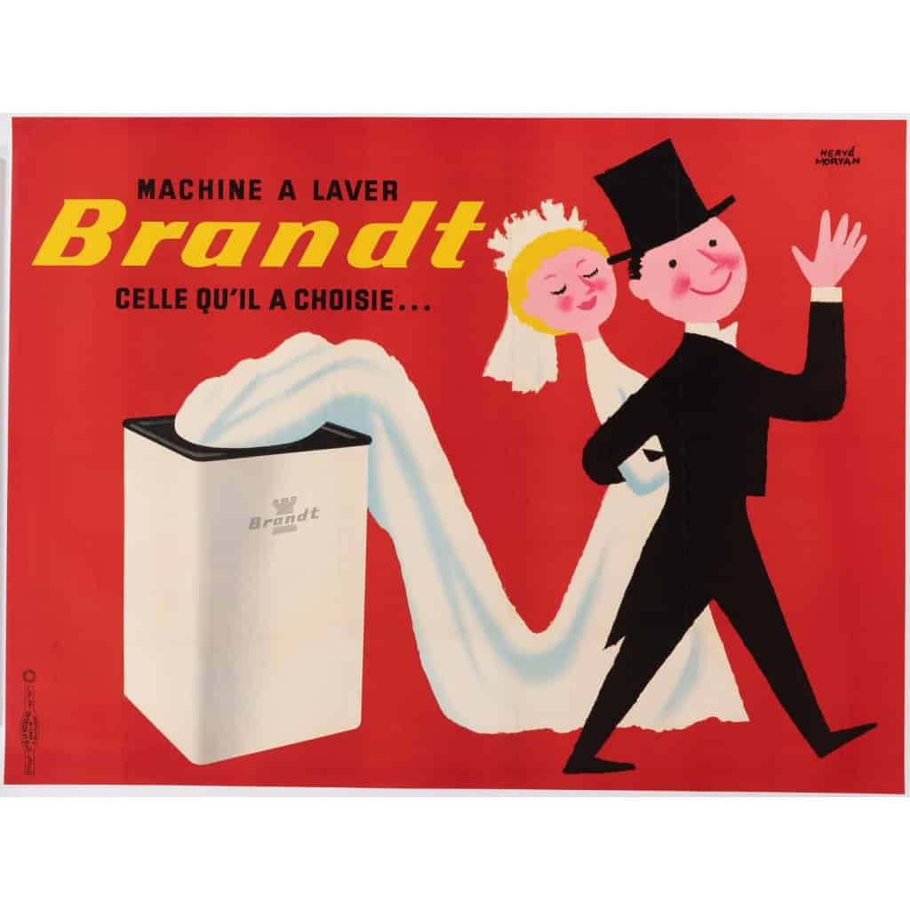 Affiche Originale, Hervé Morvan, Brandt, Machine à Laver, Couple, Marriage, Robe Blanche, Smoking, Électroménager, Laverie, Linge, Lessive, c.1955 3