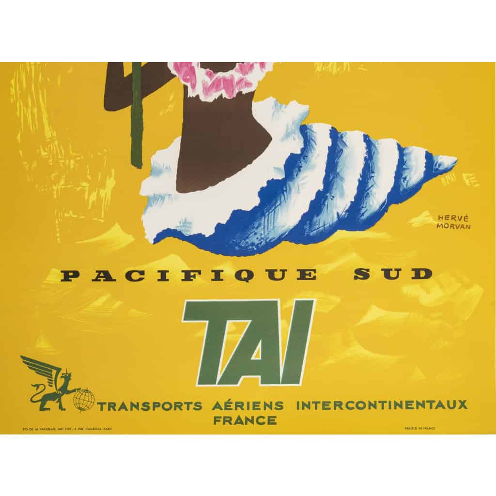 Affiche Tourisme Originale, Hervé Morvan, Transport, Voyage, Aviation, Pacifique Sud, TAI, Polynésie, Avion, Palmier, Coquillage, c.1955 6