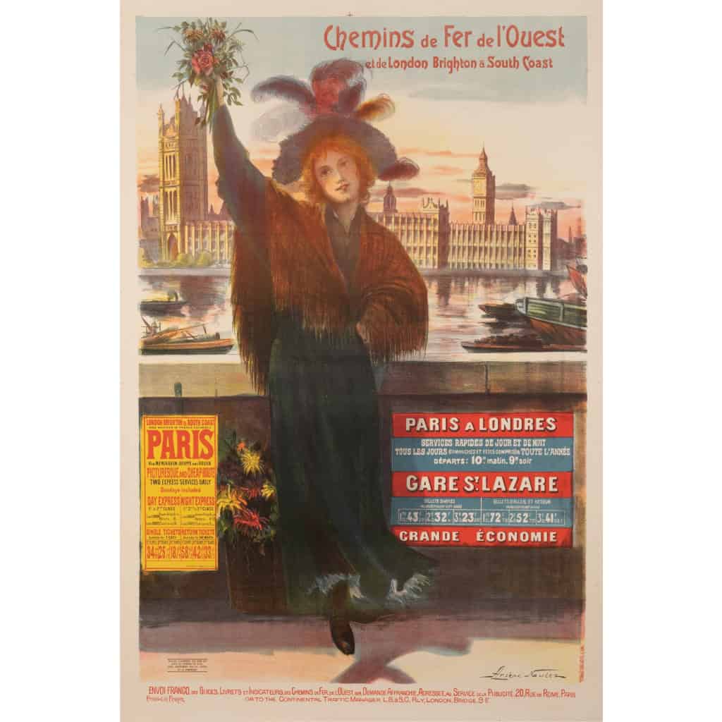 Affiche Tourisme Originale, Arsène Naulez, Chemins de Fer, Transport, Voyage, Paris, Londres, Brighton, Westminster, Big Ben, La Tamise, 1904 3
