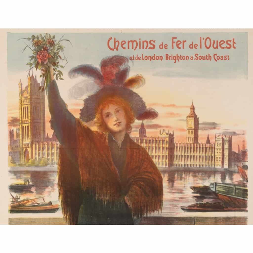 Affiche Tourisme Originale, Arsène Naulez, Chemins de Fer, Transport, Voyage, Paris, Londres, Brighton, Westminster, Big Ben, La Tamise, 1904 4