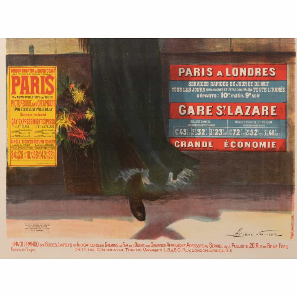 Affiche Tourisme Originale, Arsène Naulez, Chemins de Fer, Transport, Voyage, Paris, Londres, Brighton, Westminster, Big Ben, La Tamise, 1904 5