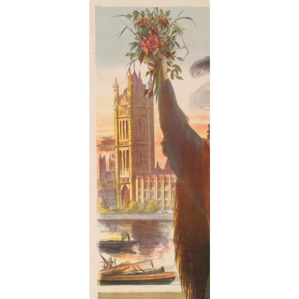 Affiche Tourisme Originale, Arsène Naulez, Chemins de Fer, Transport, Voyage, Paris, Londres, Brighton, Westminster, Big Ben, La Tamise, 1904 6