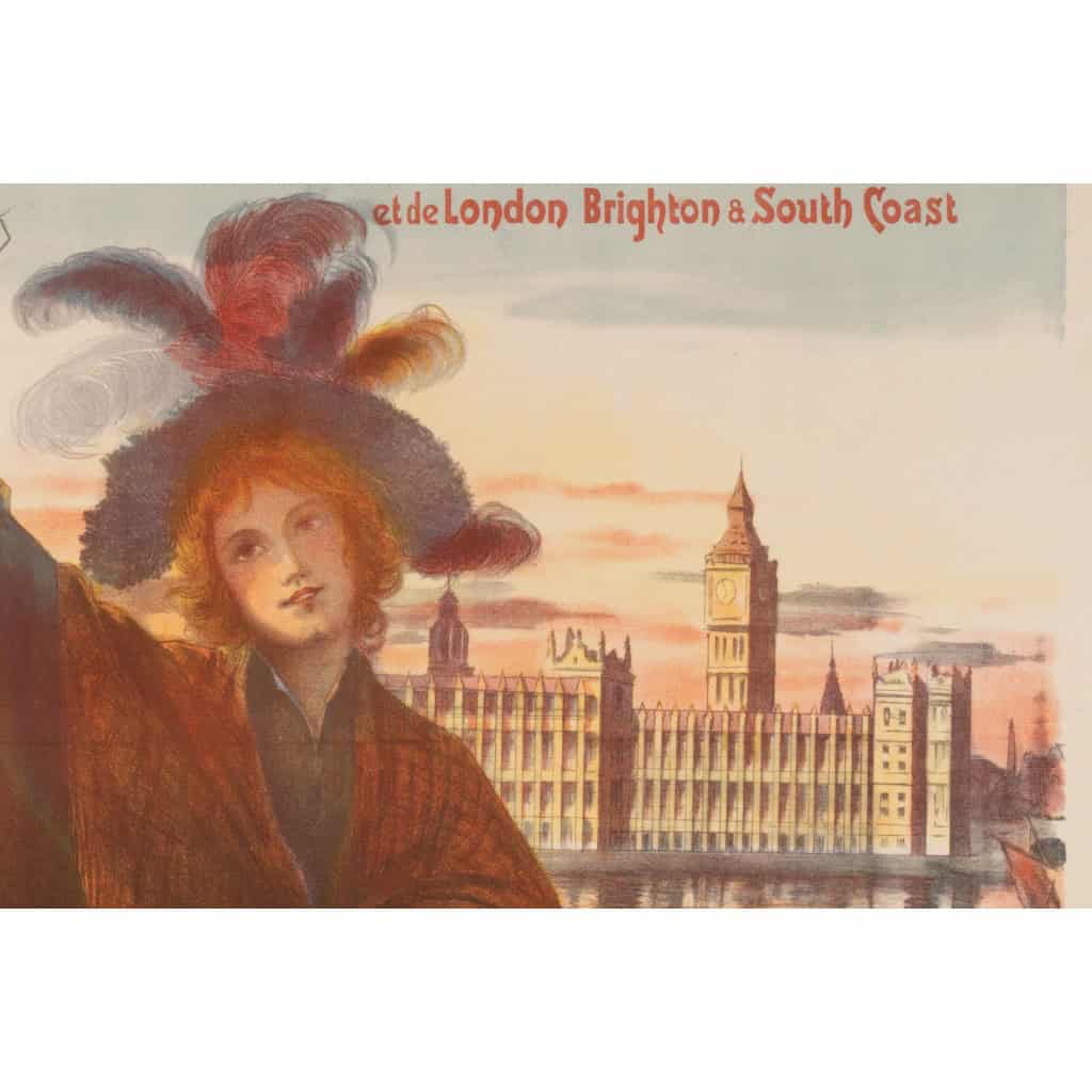 Affiche Tourisme Originale, Arsène Naulez, Chemins de Fer, Transport, Voyage, Paris, Londres, Brighton, Westminster, Big Ben, La Tamise, 1904 7