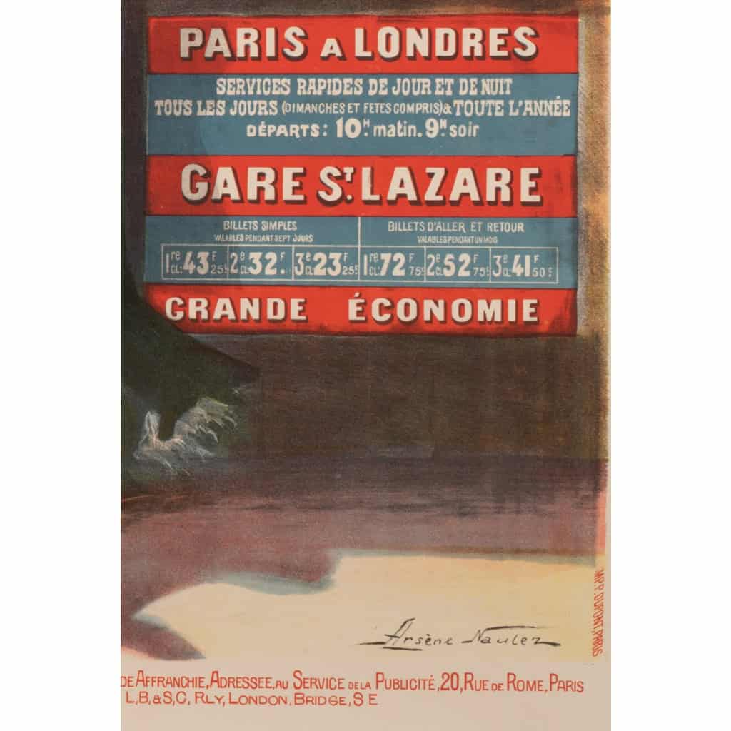Affiche Tourisme Originale, Arsène Naulez, Chemins de Fer, Transport, Voyage, Paris, Londres, Brighton, Westminster, Big Ben, La Tamise, 1904 8