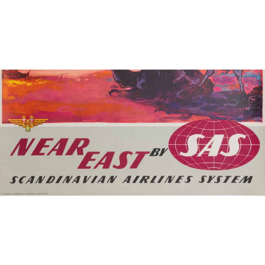 Affiche Tourisme Originale, Otto Nielsen, Proche-Orient, SAS, Scandinavian Airlines System, Transport, Voyage, Aviation, Avion, Vol, Danemark, Dromadaire, Chameau, Crépuscule, 1960 4