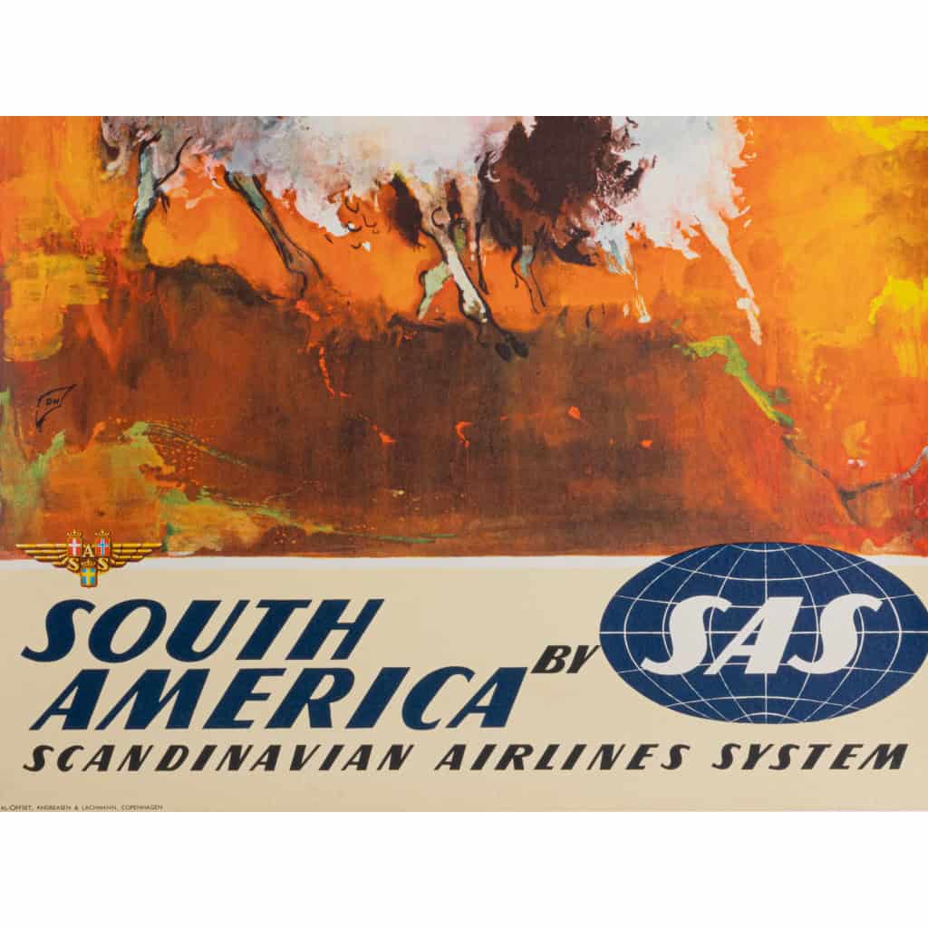 Affiche Tourisme Originale, Otto Nielsen, Amérique du Sud, SAS, Scandinavian Airlines System, Transport, Voyage, Aviation, Avion, Vol, Danemark, Lama, Montagne, 1960 4