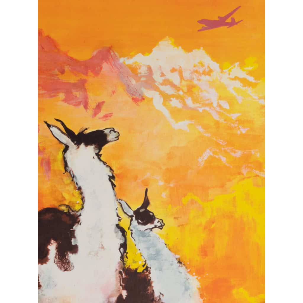 Affiche Tourisme Originale, Otto Nielsen, Amérique du Sud, SAS, Scandinavian Airlines System, Transport, Voyage, Aviation, Avion, Vol, Danemark, Lama, Montagne, 1960 6