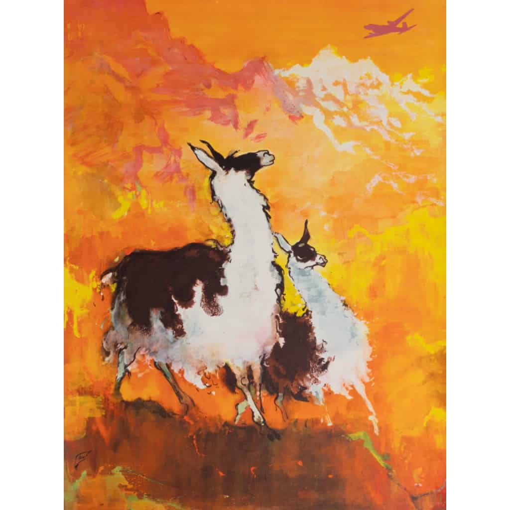 Affiche Tourisme Originale, Otto Nielsen, Amérique du Sud, SAS, Scandinavian Airlines System, Transport, Voyage, Aviation, Avion, Vol, Danemark, Lama, Montagne, 1960 5