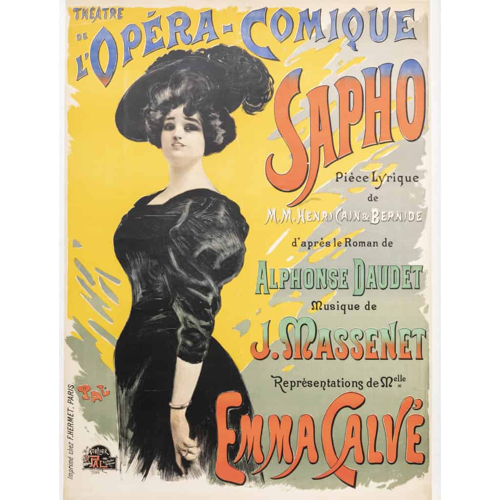 Affiche Originale, PAL, Jean de Paleologu, Sapho, Théâtre, Opéra-Comique, Pièce Lyrique, Cantatrice, Emma Calvé, Jean Massenet, Alphonse Daudet, 1897 3