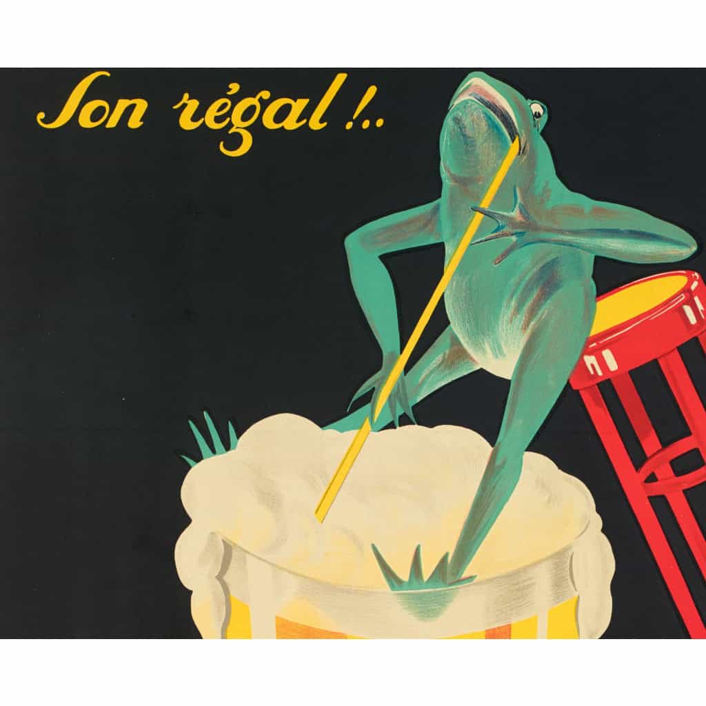 Affiche Art Déco Originale, Phi, Paul Nerfi, Brasserie Lengrand, Brasseur, Bar, Pub, Alcool, Boisson, Bières, Vins, Liqueurs, Pinte, Malt, Mousse, Grenouille, Camblain-Châtelain, 1926 4