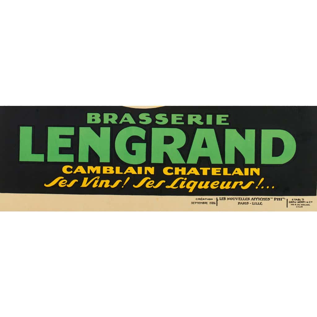 Affiche Art Déco Originale, Phi, Paul Nerfi, Brasserie Lengrand, Brasseur, Bar, Pub, Alcool, Boisson, Bières, Vins, Liqueurs, Pinte, Malt, Mousse, Grenouille, Camblain-Châtelain, 1926 6