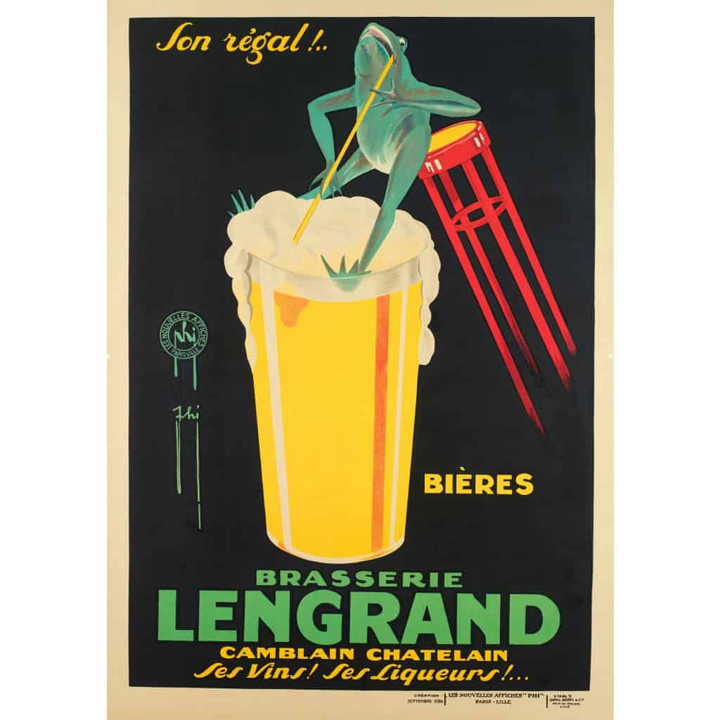 Affiche Art Déco Originale, Phi, Paul Nerfi, Brasserie Lengrand, Brasseur, Bar, Pub, Alcool, Boisson, Bières, Vins, Liqueurs, Pinte, Malt, Mousse, Grenouille, Camblain-Châtelain, 1926 3