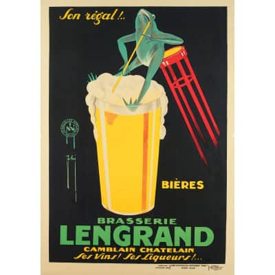 Affiche Art Déco Originale, Phi, Paul Nerfi, Brasserie Lengrand, Brasseur, Bar, Pub, Alcool, Boisson, Bières, Vins, Liqueurs, Pinte, Malt, Mousse, Grenouille, Camblain-Châtelain, 1926