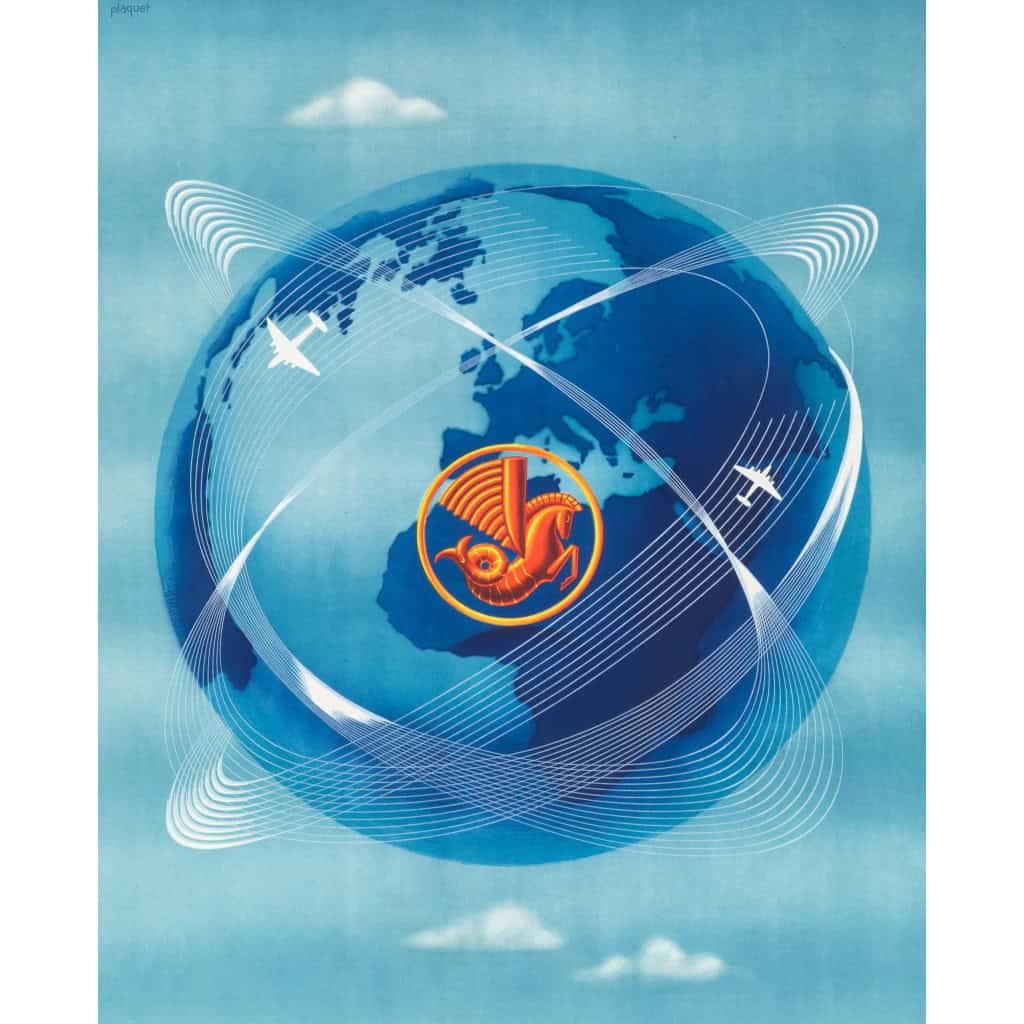 Affiche Air France Originale, Plaquet, Réseau Aérien Mondial, Transport, Voyage, Aviation, Avion, Vol, Globe, Monde, 1948 5