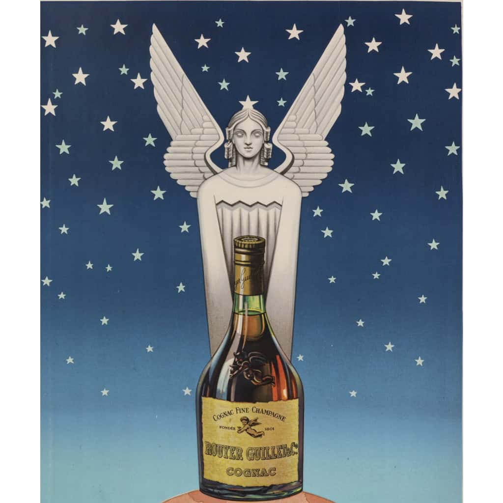 Affiche Originale, Pub TH, Cognac Rouyer, Alcool, Liqueur, Spiritueux, Distillerie, Eau de Vie, Bouteille, Boisson, Vin, Champagne, Ange, Globe, Ciel, Etoiles, 1945 4