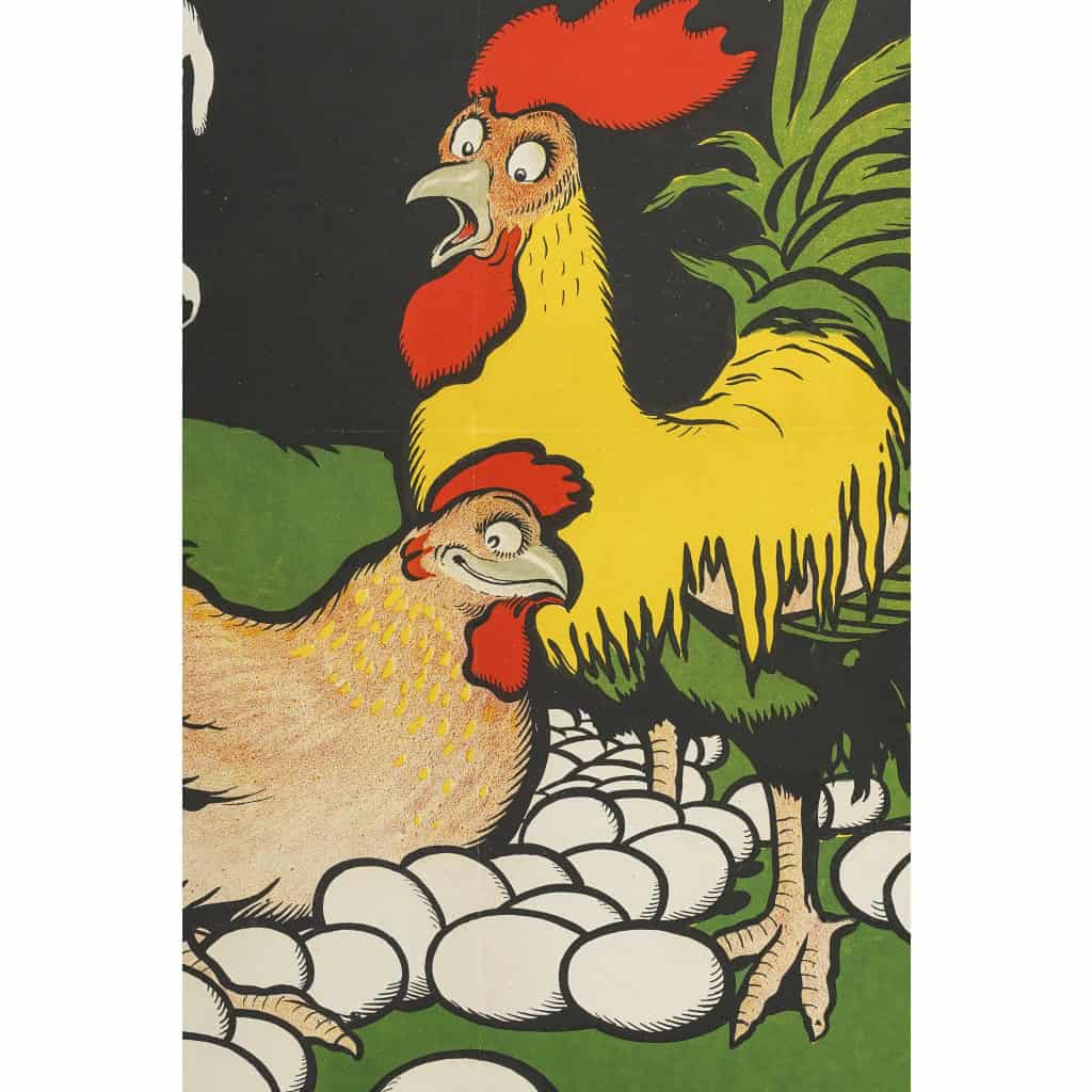 Affiche Originale, Benjamin Rabier, La Pondeuse, Oeufs, Coq, Poulet, Poule, Volaille, Alimentation, Nourriture, Cuisine, Basse-Cour, Caricature, c.1920 4